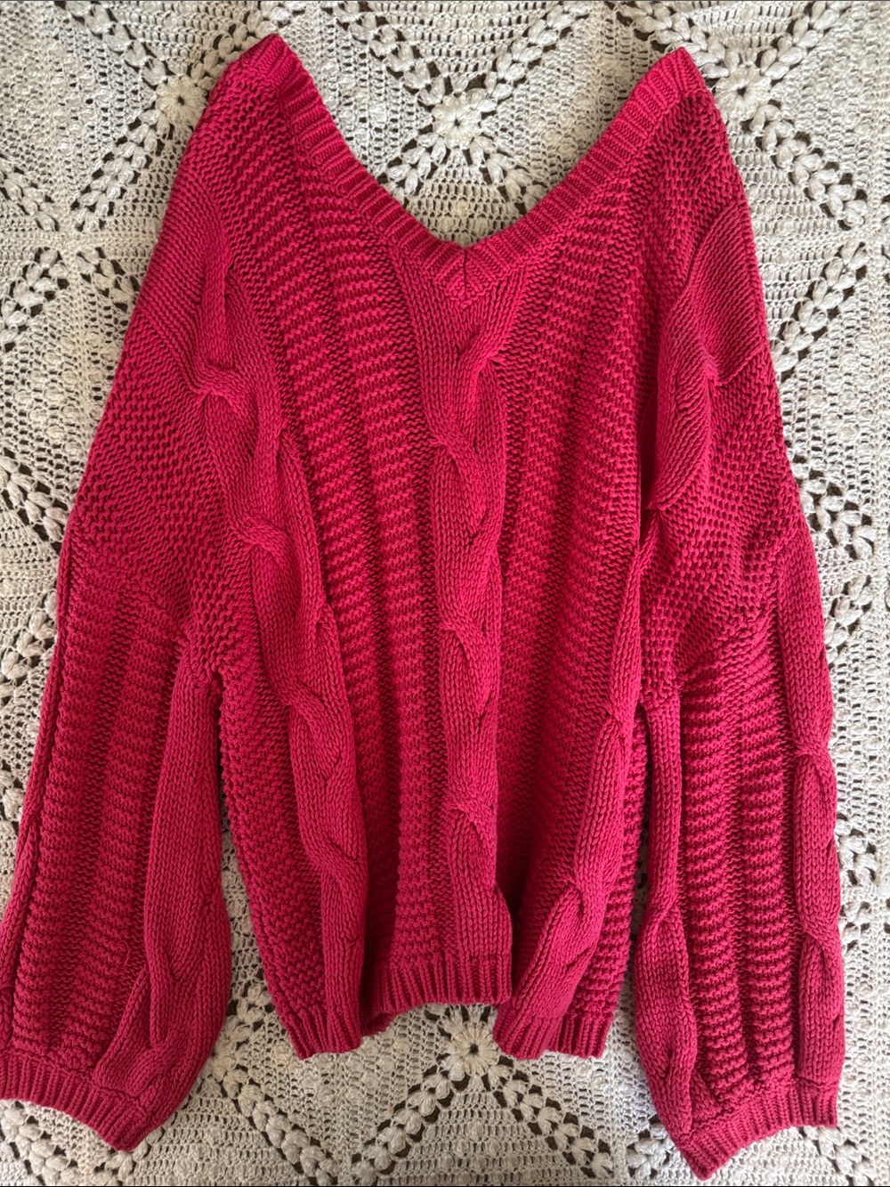 V-Neck Cable Knit Women’s Sweater - Red